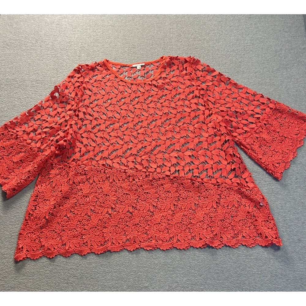 Erin London 3/4 Sleeve Womens 1X Coral Floral Lace Trim Burnout Blouse Plus Size